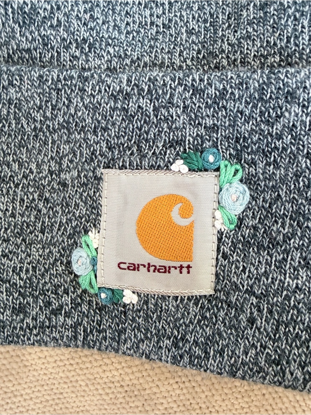 Carhartt teal heathered beanie with hand embroidered Floral Embroidery